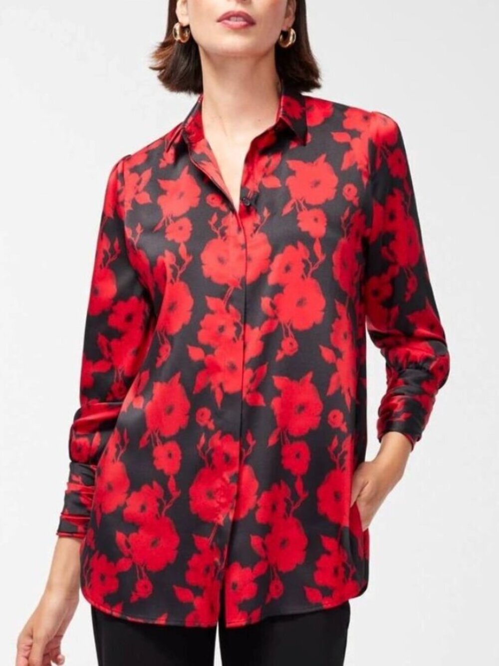 Chico's Florence Red Black Floral Button Up Top Blouse Sz 4 Sz 20 Zipper Sleeves